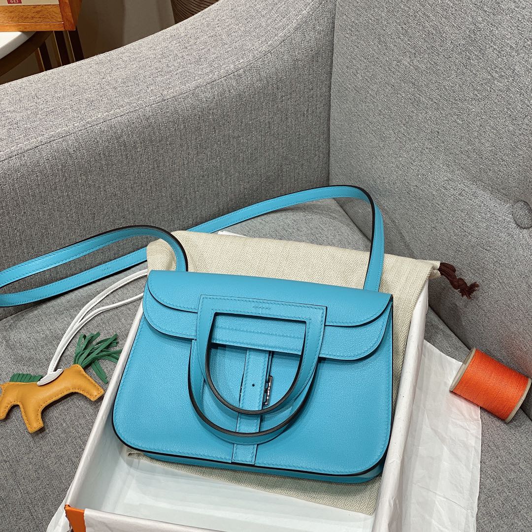 Hermes Mini Halzan 22 Handbag Shoulder Bag In Blue Atoll Swift Leather